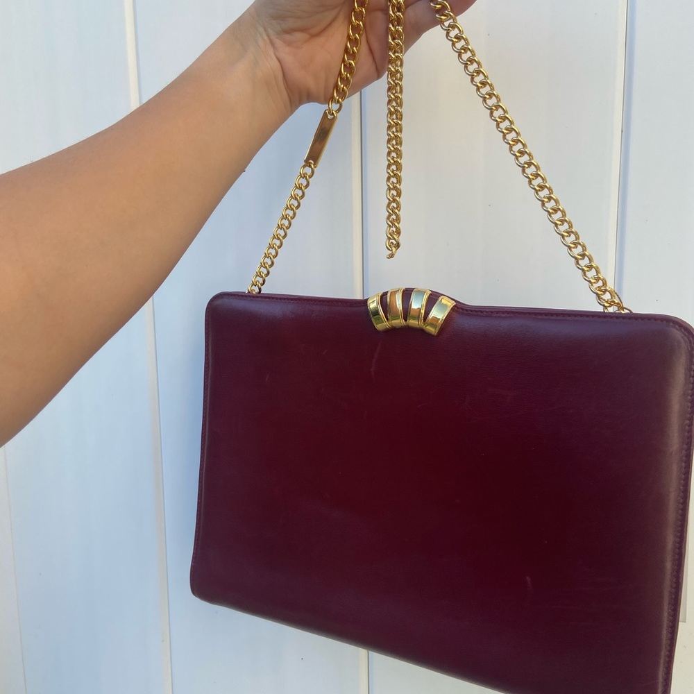 Salvatore Ferragamo Burgundy Leather Crossbody with Gold Chain